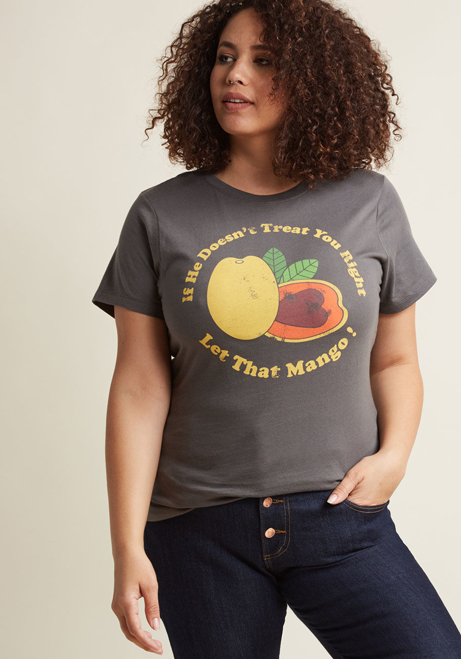 Now, here's a 'tropical' graphic T-shirt to get the conversation going! This grey cotton top flaunts a distressed orange screen print addressing your independence and empowerment with humor. Cheers to that! by WTE0227-502CHR