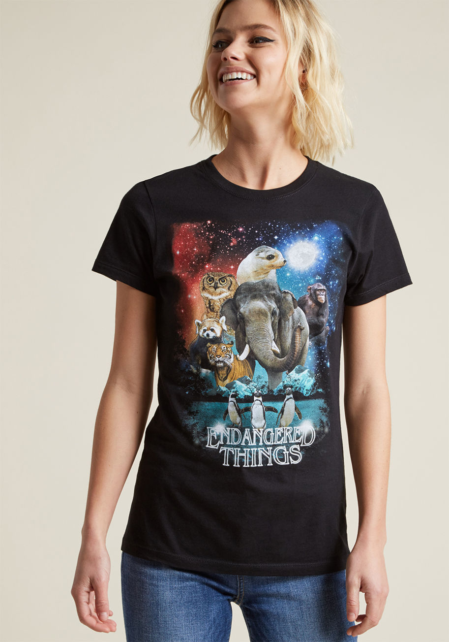 If wildlife welfare seems like a spooky scenario to you, it only makes sense to pair your activism with this cotton graphic T-shirt! Spoofing off your favorite sci-fi show with its pun and classic font, and showcasing animals that need as much attention a by WTE0373-502BLK