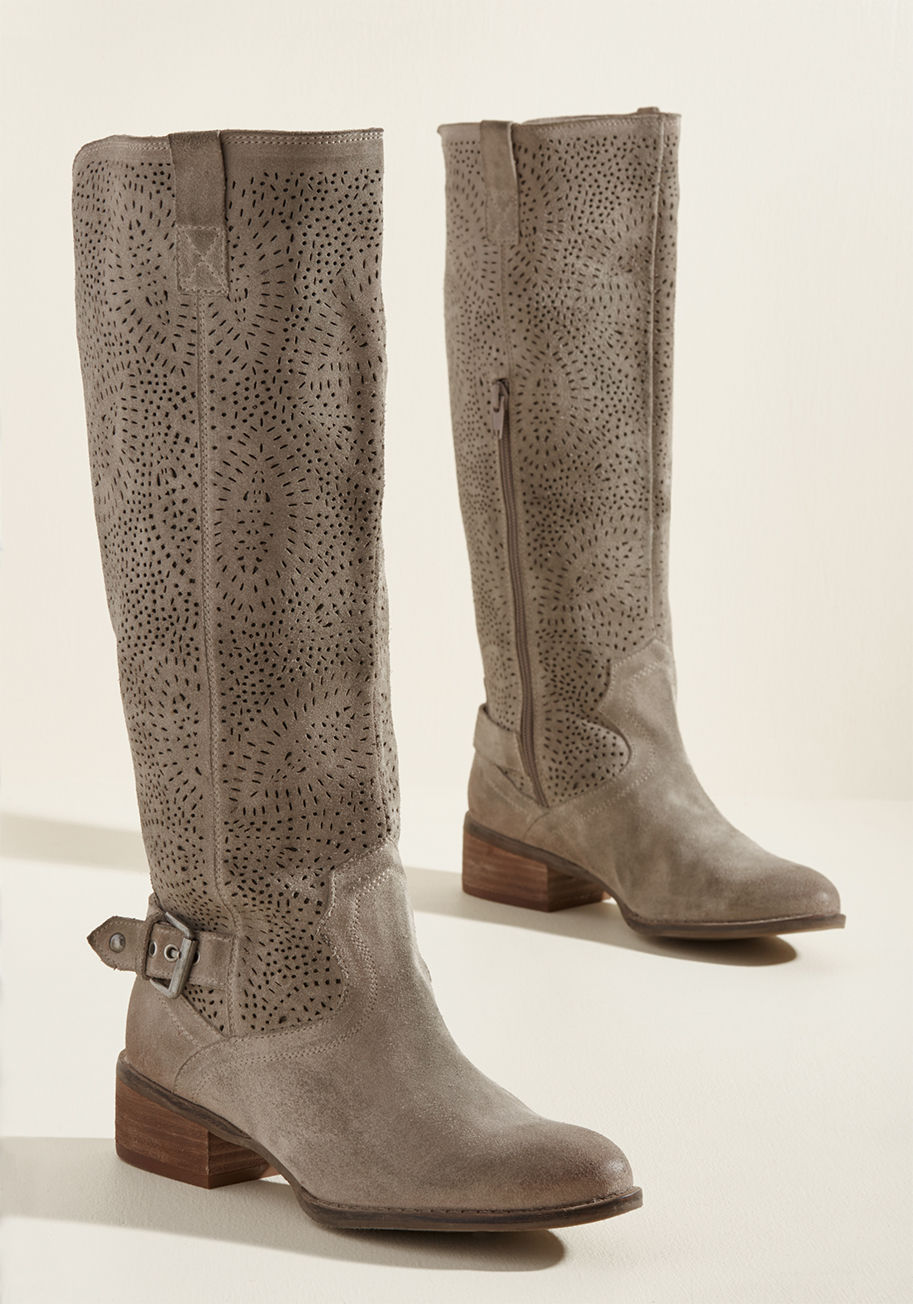Ziba - When an opportunity appears to flaunt these knee high boots, of course you rise to the occasion! A soft, suede pair with trending potential, these taupe kicks encourage you to show off their perforated shafts, western-style stitching, and silver ankle buc